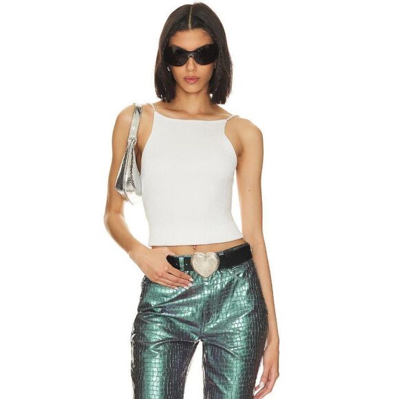 NEW Musier Drew Tank Top with Pearl Straps Ribbed Knit White Women's 38 US 6 - Picture 10 of 10